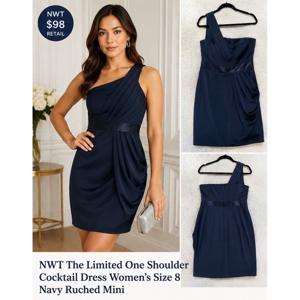 The Limited One Shoulder Cocktail Dress Women‎ 8 Navy NWT Ruched Asymmetric Mini